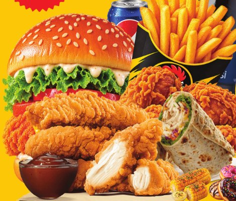 Burger, chicken strips, fries, wrap and dips